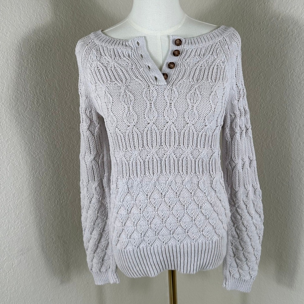 Sparrow Anthropologie Sweater Large Gray Honeycomb Cable Knit Henley Tortoise